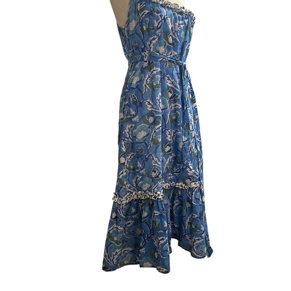 Cassandra Harper One-Shoulder Cotton Ruffle Maxi Dress Blue Floral Print, Medium - Picture 1 of 13